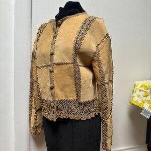 SMH Boutique Jacket Women's Tan Suede Leather Patchwork Crochet VTG